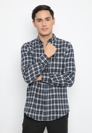 Jobb Aoki Kemeja Pria Flannel Lengan Panjang Slim Fit Navy
